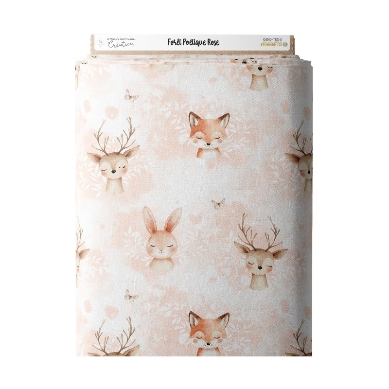 Tissu coton imprimé Forêt Poétique Rose - Certifié Oeko-Tex® Mercerie des Princesses