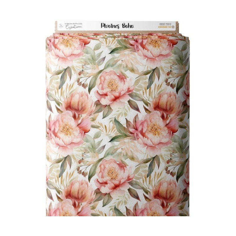 Tissu coton imprimé Fleurs Pivoines Boho - Certifié Oeko-Tex® Mercerie des Princesses