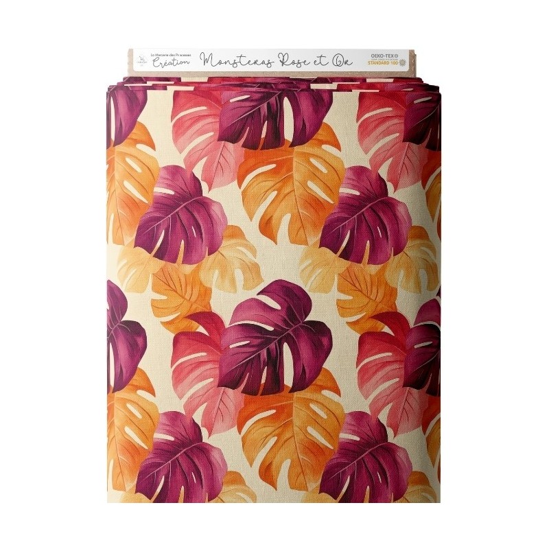 Tissu au mètre "Monstera Rose et Or" – Coton Oeko-Tex Mercerie des Princesses
