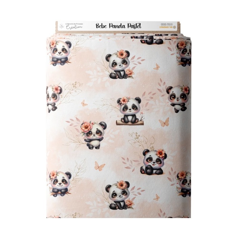 Tissu coton imprimé pour enfants Bébé Panda Pastel Pêche - Certifié Oeko-Tex® Mercerie des Princesses