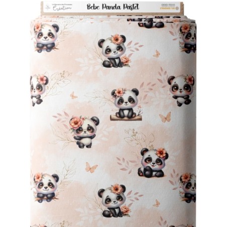 Tissu coton imprimé pour enfants Bébé Panda Pastel Pêche - Certifié Oeko-Tex® Mercerie des Princesses