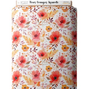 Tissu coton imprimé Fleurs Orangées Aquarelle - Certifié Oeko-Tex® Mercerie des Princesses