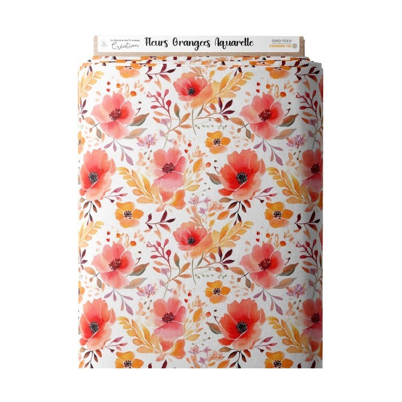 Tissu coton imprimé Fleurs Orangées Aquarelle - Certifié Oeko-Tex® Mercerie des Princesses