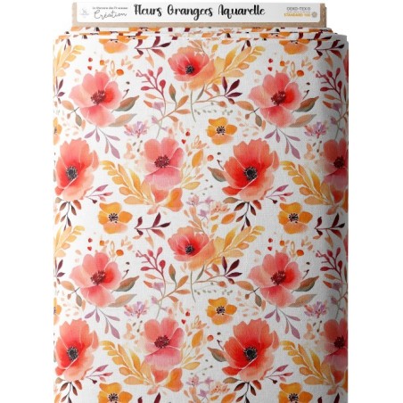 Tissu coton imprimé Fleurs Orangées Aquarelle - Certifié Oeko-Tex® Mercerie des Princesses