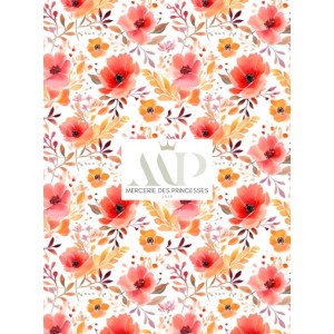  Tissu coton imprimé Fleurs Orangées Aquarelle - Certifié Oeko-Tex® Mercerie des Princesses