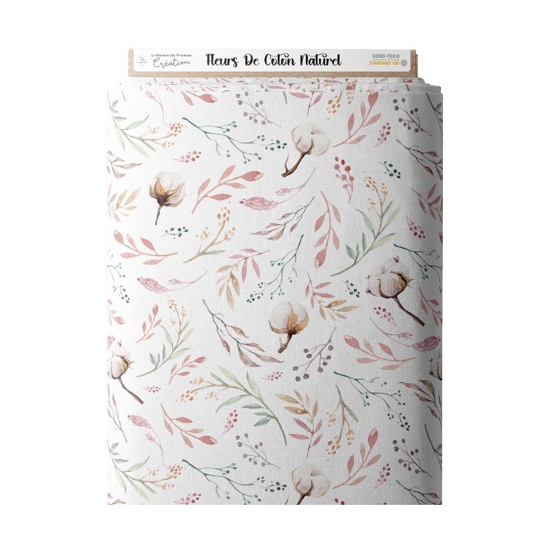 Tissu coton imprimé Fleurs De Coton - Certifié Oeko-Tex® Mercerie des Princesses