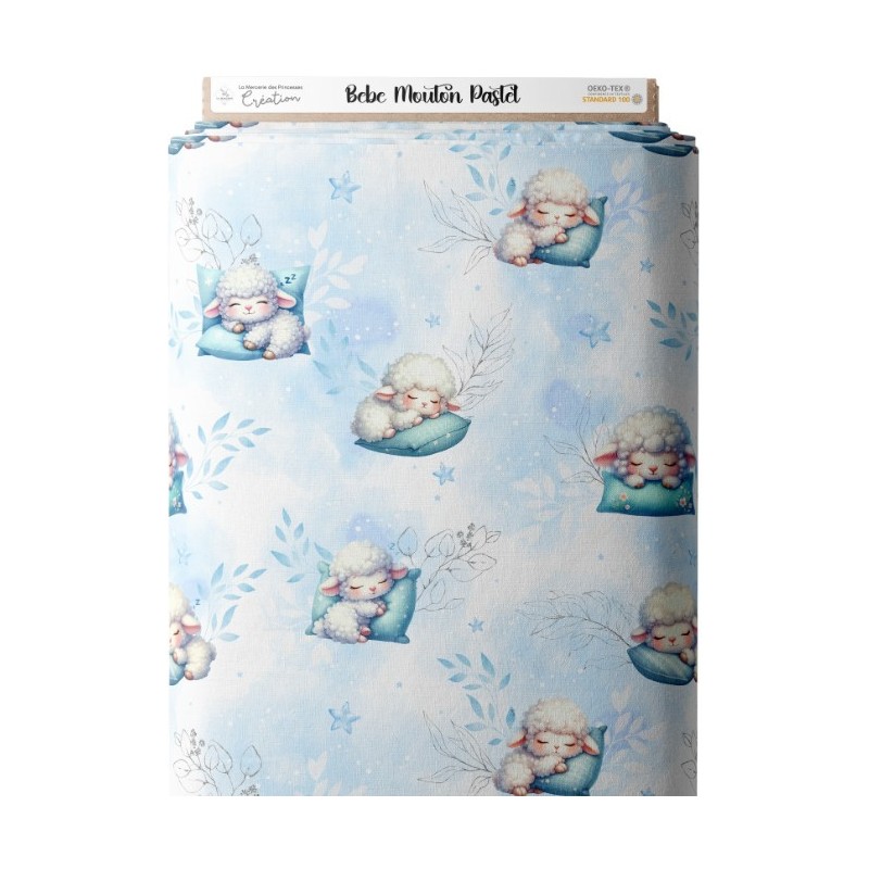 Tissu coton imprimé pour enfants Bébé Mouton Pastel Bleu - Certifié Oeko-Tex® Mercerie des Princesses