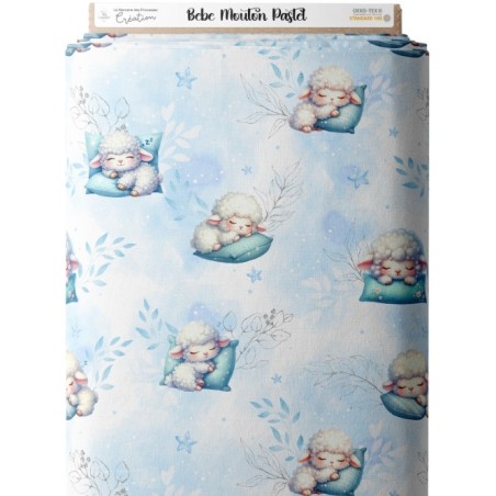 Tissu coton imprimé pour enfants Bébé Mouton Pastel Bleu - Certifié Oeko-Tex® Mercerie des Princesses