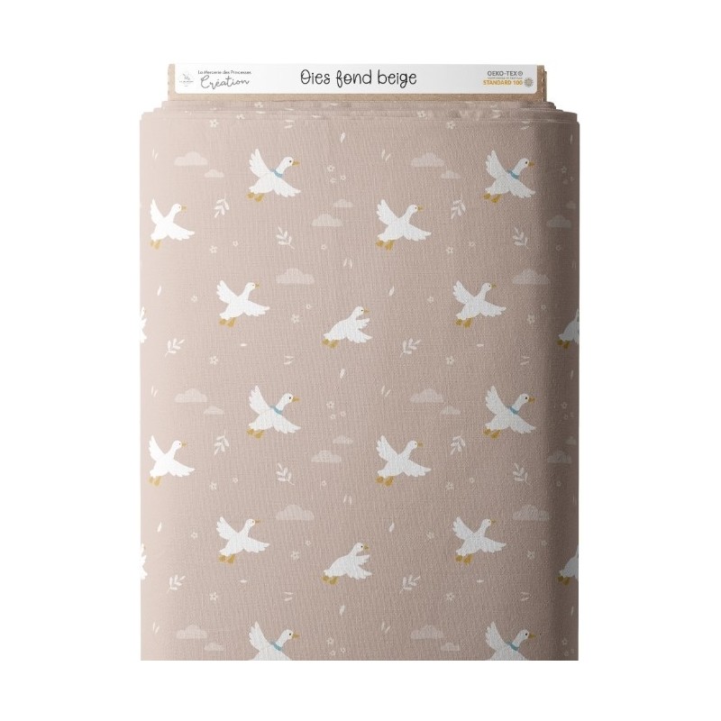 Tissu coton imprimé pour enfants Oies Fond Beige - Certifié Oeko-Tex® Mercerie des Princesses
