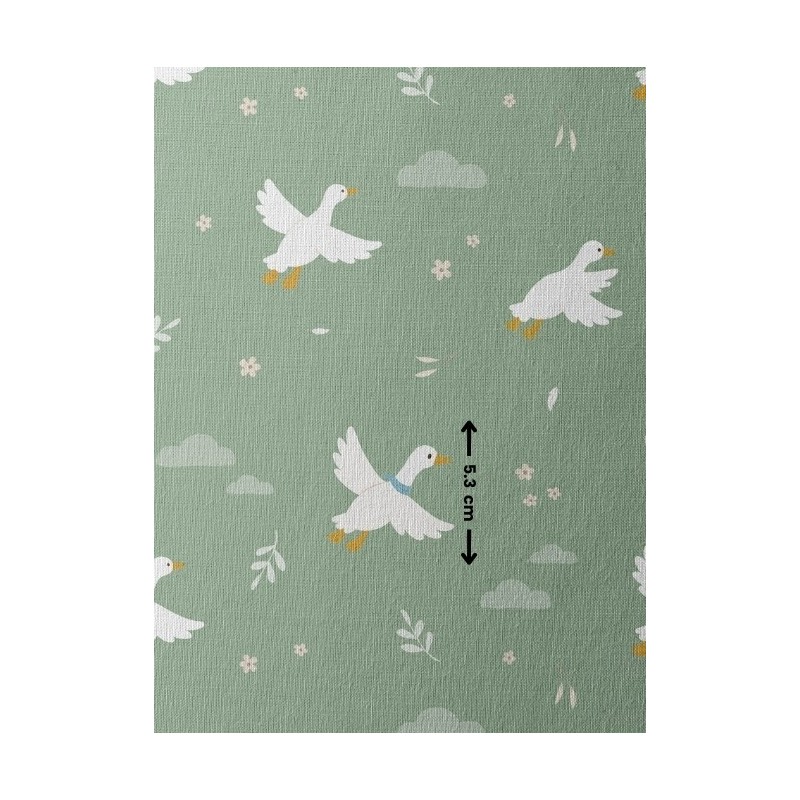 Tissu coton imprimé pour enfants Oies Fond Vert - Certifié Oeko-Tex® Mercerie des Princesses