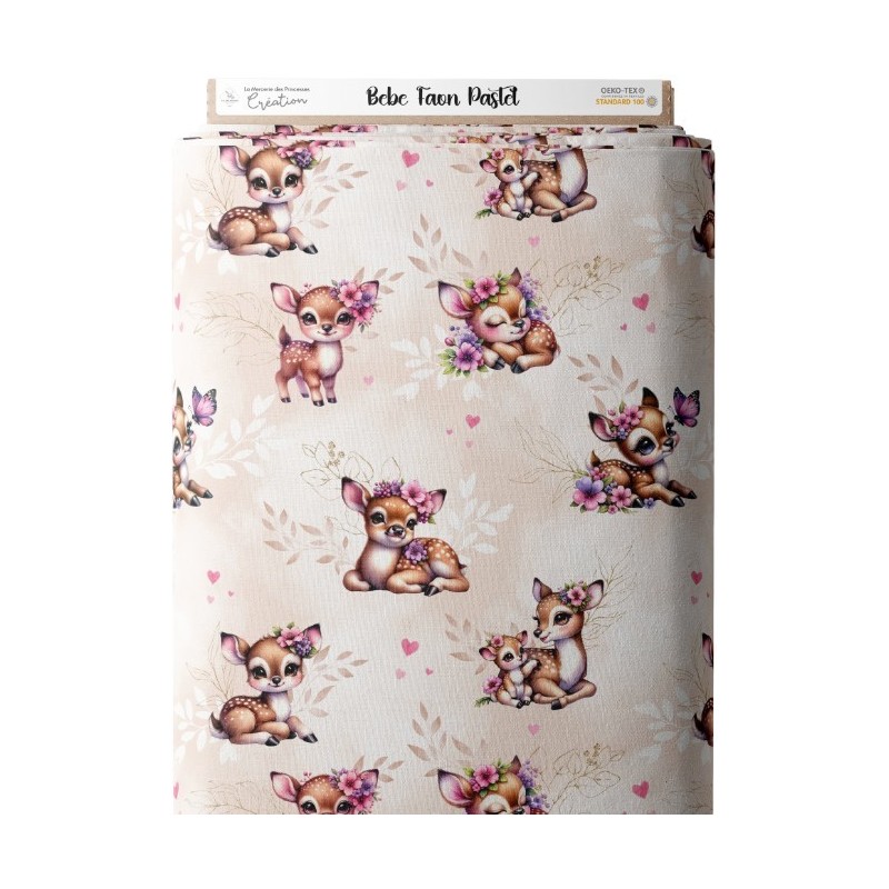 Tissu coton imprimé pour enfants Bébé Faon Pastel Beige - Certifié Oeko-Tex® Mercerie des Princesses