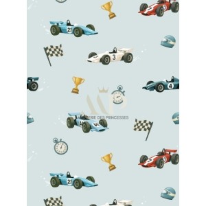  Tissu Formule 1 voiture de course vintage sur fond bleu clair- Certifié Oeko-Tex® Mercerie des Princesses