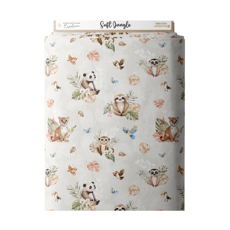 Tissu jungle pastel animaux bébé – Coton Oeko-Tex – Création couture enfant- Certifié Oeko-Tex® Mercerie des Princesses