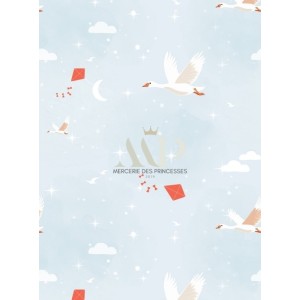  Tissu oies dans le ciel pastel bébé – Coton Oeko-Tex bleu ciel