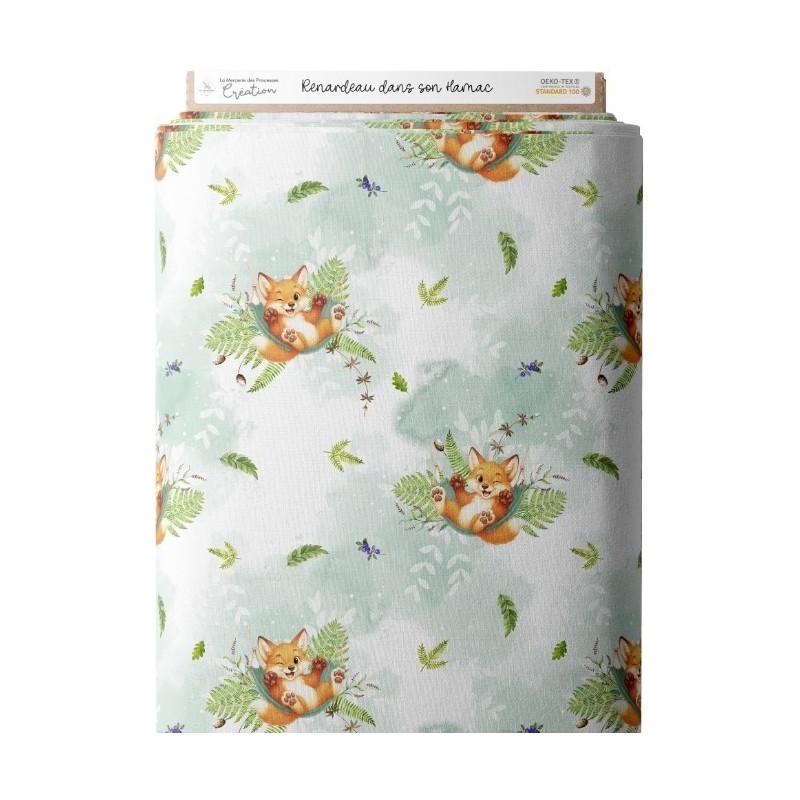 Tissu coton imprimé Renarde dans son hamac - Certifié Oeko-Tex® Mercerie des Princesses