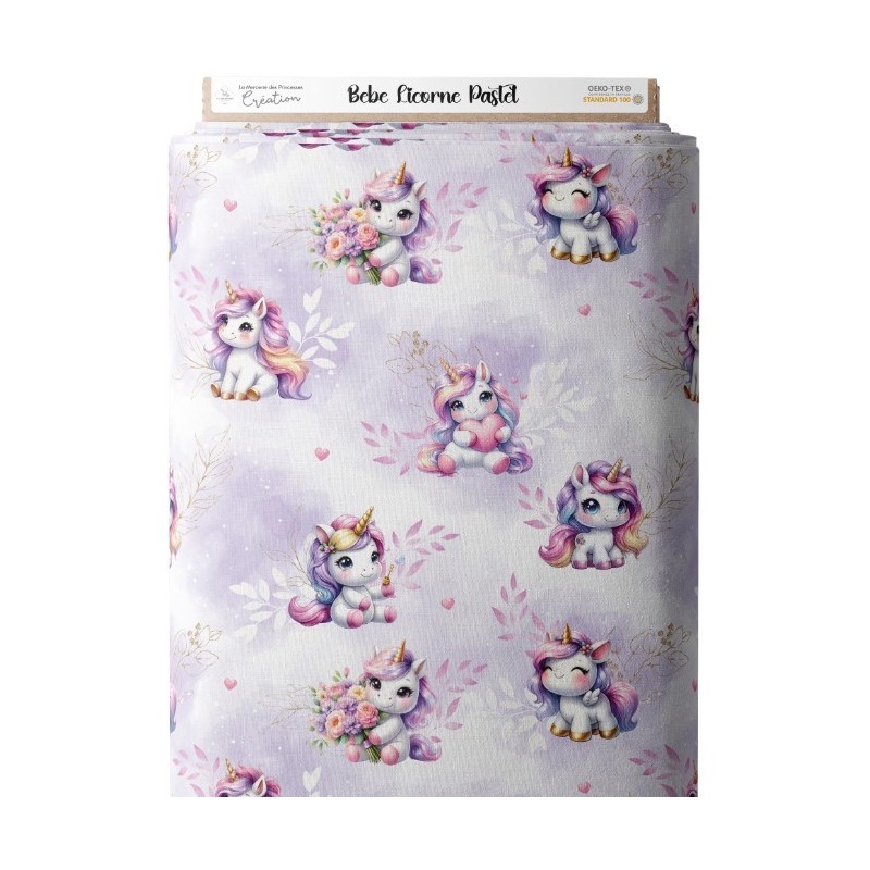 Tissu coton imprimé pour enfants Bébé Licorne Pastel Parme - Certifié Oeko-Tex® Mercerie des Princesses