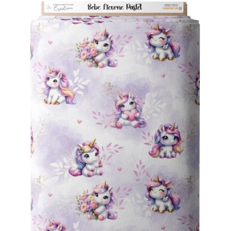 Tissu coton imprimé pour enfants Bébé Licorne Pastel Parme - Certifié Oeko-Tex® Mercerie des Princesses
