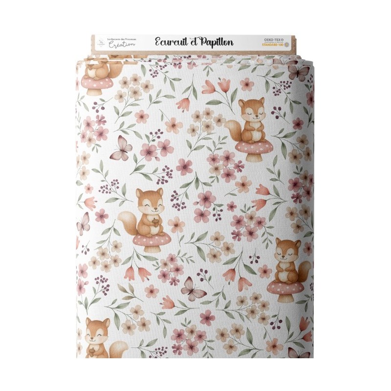 Tissu coton imprimé pour enfants Ecureuil et Papillon - Certifié Oeko-Tex® Mercerie des Princesses
