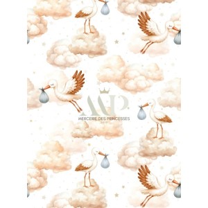  Tissu coton imprimé Cigogne Dans Les Nuages - Certifié Oeko-Tex® Mercerie des Princesses