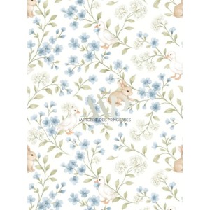  Tissu Lapins & Oies Fleurs Bleues Vintage - Coton Oeko-Tex pastel - Certifié Oeko-Tex® Mercerie des Princesses