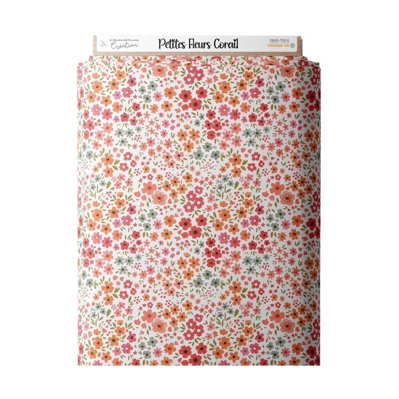 Tissu coton imprimé Petites Fleurs Corail - Certifié Oeko-Tex® Mercerie des Princesses
