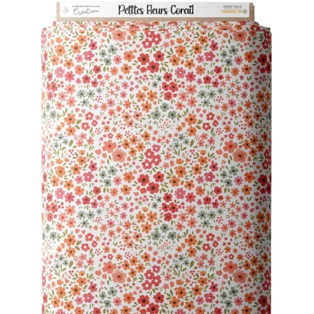 Tissu coton imprimé Petites Fleurs Corail - Certifié Oeko-Tex® Mercerie des Princesses