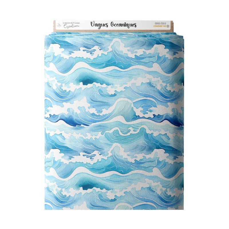 Tissu coton imprimé Vagues Océaniques - Certifié Oeko-Tex® Mercerie des Princesses