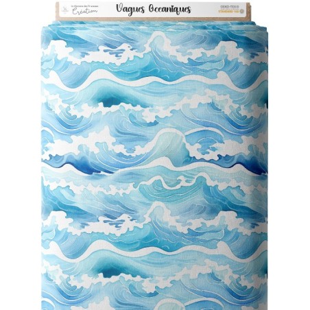 Tissu coton imprimé Vagues Océaniques - Certifié Oeko-Tex® Mercerie des Princesses