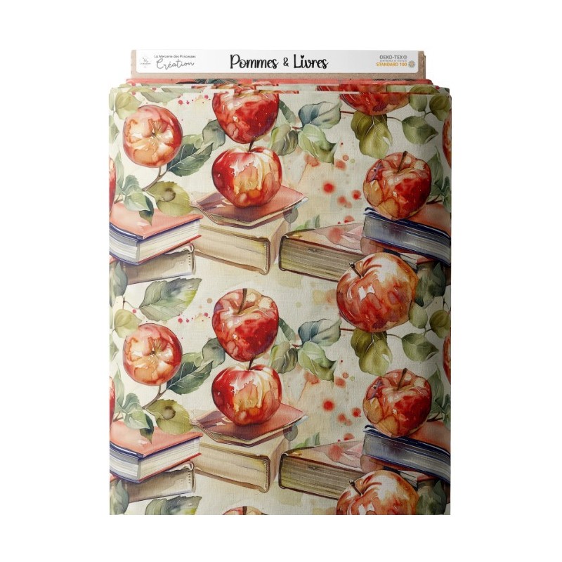 Tissu coton imprimé Pommes & Livres - Certifié Oeko-Tex® Mercerie des Princesses