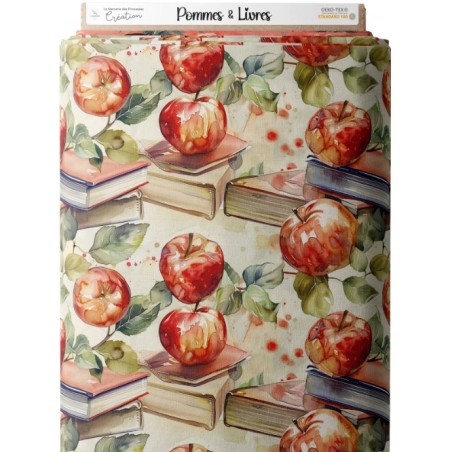 Tissu coton imprimé Pommes & Livres - Certifié Oeko-Tex® Mercerie des Princesses