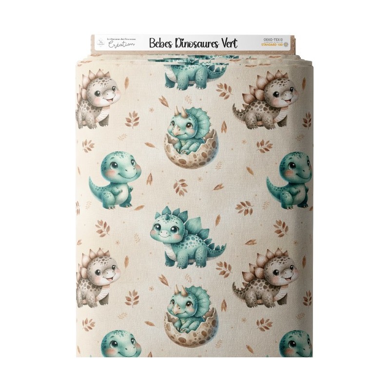 Tissu coton imprimé pour enfants Bébés Dinosaures Vert - Certifié Oeko-Tex® Mercerie des Princesses