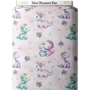 Tissu coton imprimé pour enfants Bébés Dinosaures Rose - Certifié Oeko-Tex® Mercerie des Princesses