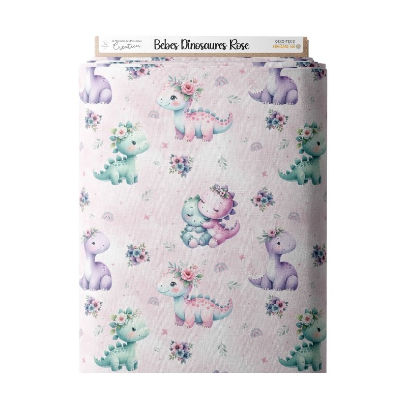 Tissu coton imprimé pour enfants Bébés Dinosaures Rose - Certifié Oeko-Tex® Mercerie des Princesses