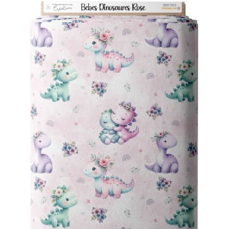 Tissu coton imprimé pour enfants Bébés Dinosaures Rose - Certifié Oeko-Tex® Mercerie des Princesses