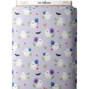Tissu "Cute Halloween" – Motif fantômes mignons et fleurs sur fond lavande - Certifié Oeko-Tex® Mercerie des Princesses