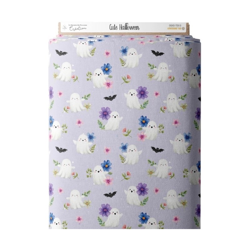 Tissu "Cute Halloween" – Motif fantômes mignons et fleurs sur fond lavande - Certifié Oeko-Tex® Mercerie des Princesses