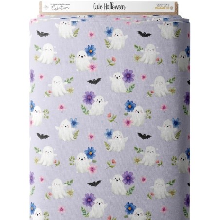 Tissu "Cute Halloween" – Motif fantômes mignons et fleurs sur fond lavande - Certifié Oeko-Tex® Mercerie des Princesses