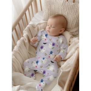  Tissu "Cute Halloween" – Motif fantômes mignons et fleurs sur fond lavande - Certifié Oeko-Tex® Mercerie des Princesses