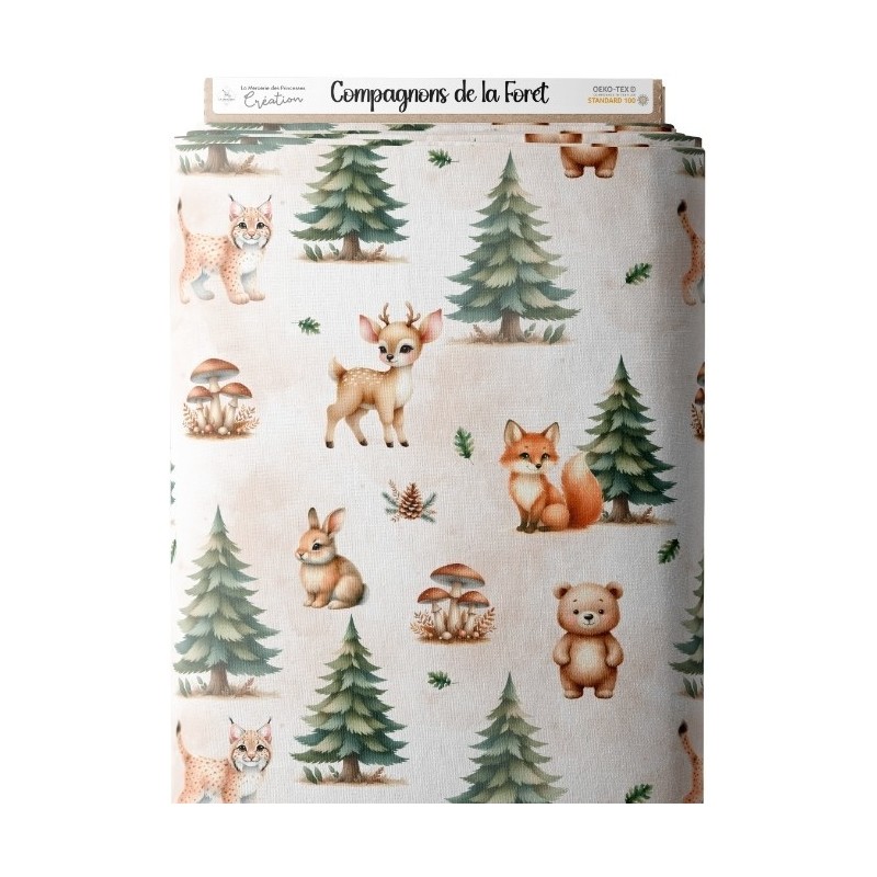 Tissu "Compagnons de la Forêt" – Motif animaux de la forêt sur fond naturel- Certifié Oeko-Tex® Mercerie des Princesses
