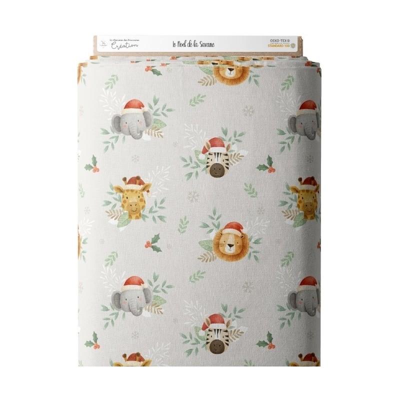 Tissu "Noel de la Savane" – Motif Animaux exotiques en fête- Certifié Oeko-Tex® Mercerie des Princesses