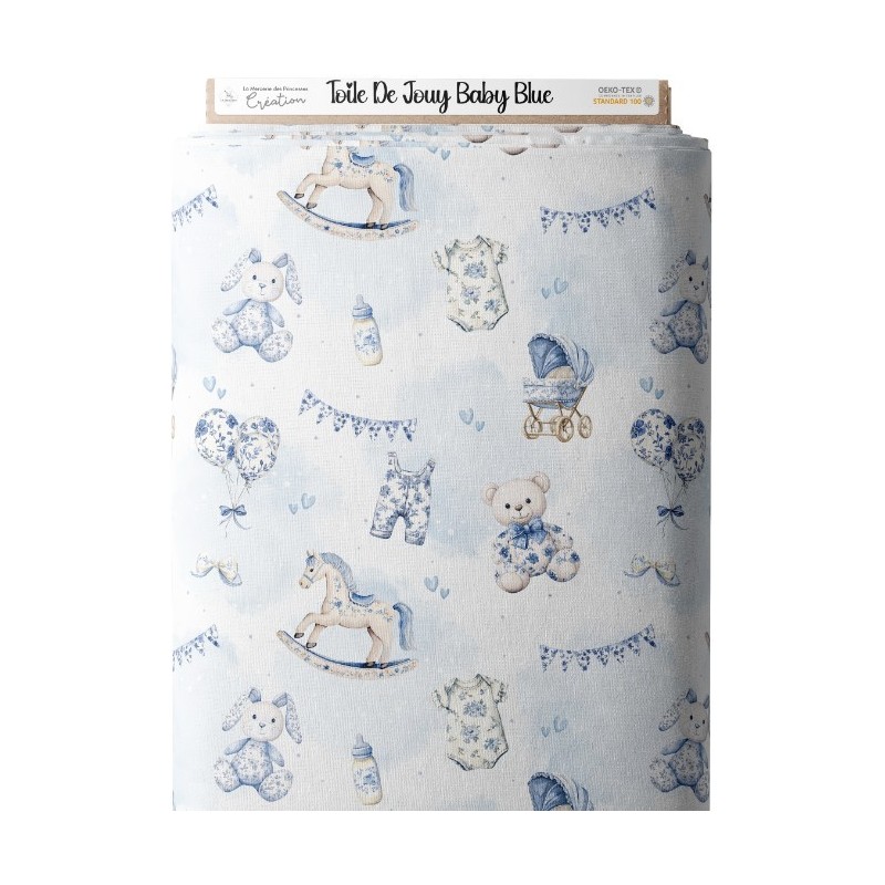 Tissu Toile De Jouy Baby Blue enfant Oeko-Tex® Mercerie des Princesses