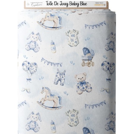 Tissu Toile De Jouy Baby Blue enfant Oeko-Tex® Mercerie des Princesses
