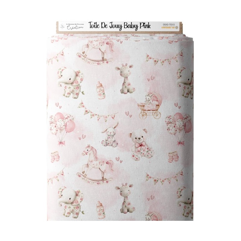 Tissu Toile De Jouy Baby Pink enfant Oeko-Tex® Mercerie des Princesses
