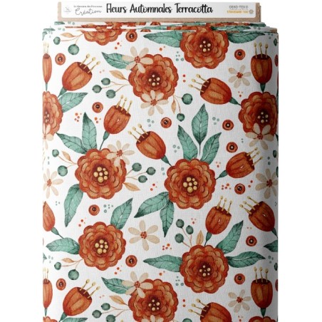 Tissu coton imprimé Fleurs Automnales Terracotta - Certifié Oeko-Tex® Mercerie des Princesses