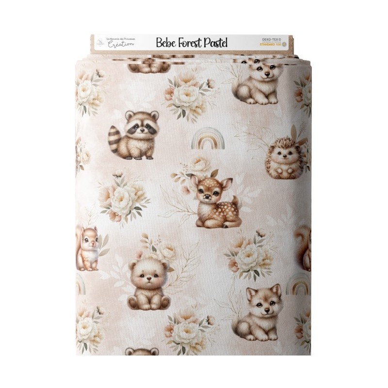 Tissu Bébé Forest Pastel Beige motif animaux de la forêt enfant Oeko-Tex® Mercerie des Princesses