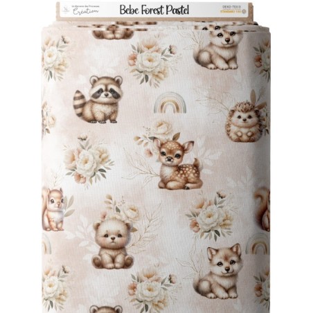 Tissu Bébé Forest Pastel Beige motif animaux de la forêt enfant Oeko-Tex® Mercerie des Princesses