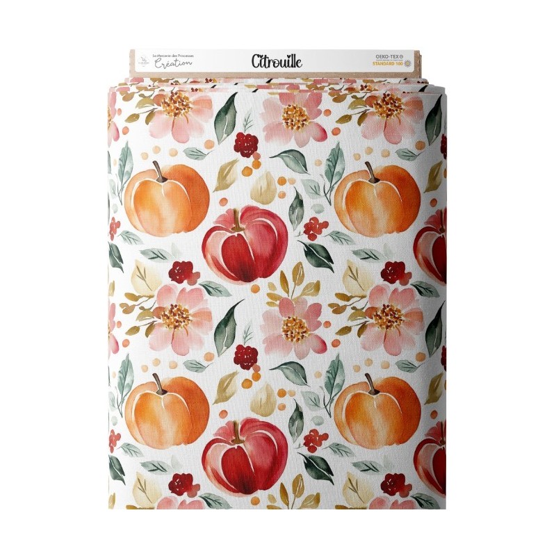 Tissu Citrouilles et Fleurs Oeko-Tex® Mercerie des Princesses
