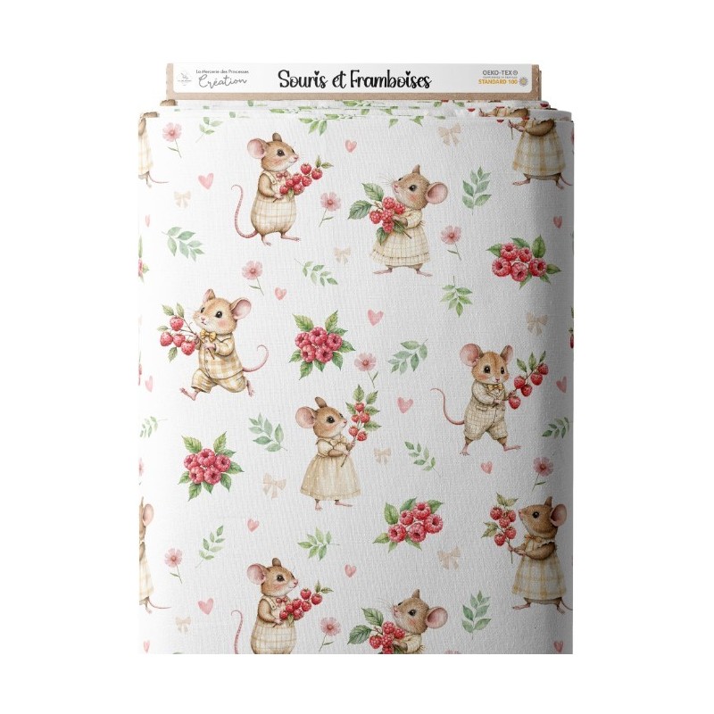 Tissu Souris et Framboises motif animal enfant Oeko-Tex® Mercerie des Princesses