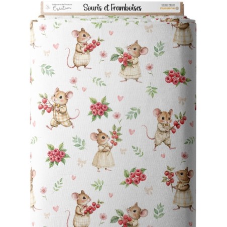 Tissu Souris et Framboises motif animal enfant Oeko-Tex® Mercerie des Princesses