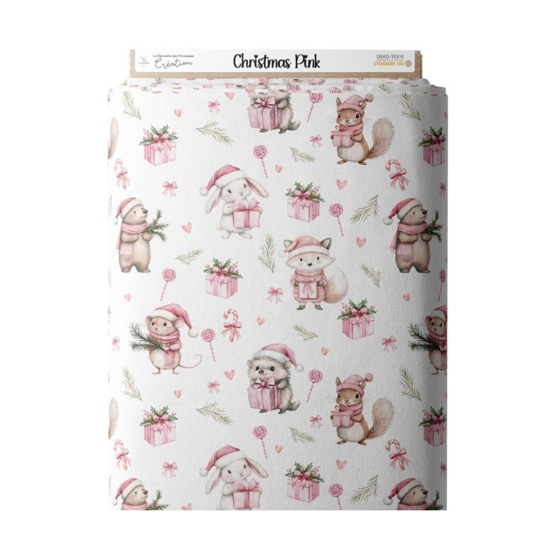 Tissu Christmas Pink motif animaux de la forêt enfant Oeko-Tex® Mercerie des Princesses